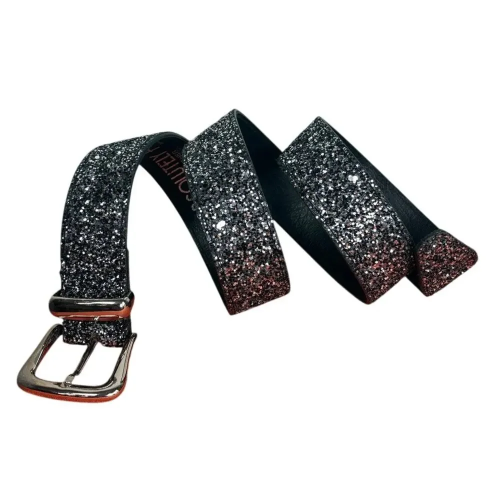 Vintage Prestige Leather- Silver Black Glitter Belt- Sz Large 36